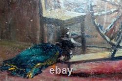Old painting interior scene Clotilde Martin Pregniard Impressionist frame