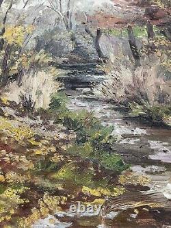 Old painting landscape tree river oil canvas XIX XX French school