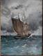 Old Painting Of A Marine Fishing Boat Returning To Port By Emile Vernier 25x33cm