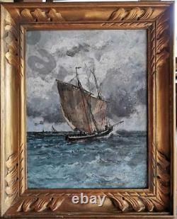 Old painting of a Marine fishing boat returning to port by Emile Vernier 25x33cm