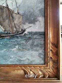 Old painting of a Marine fishing boat returning to port by Emile Vernier 25x33cm