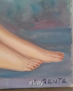 Old painting of a female nude oil on canvas by Albert GENTA. 1950s