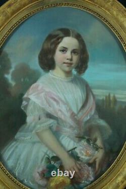 Old painting of a little girl portrait with a bouquet of flowers Oval landscape Durand