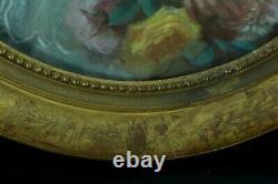 Old painting of a little girl portrait with a bouquet of flowers Oval landscape Durand