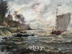 Old painting of a sailing ship at sea, formed in Impressionism, signed 1905