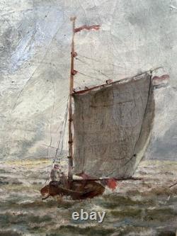 Old painting of a sailing ship at sea, formed in Impressionism, signed 1905