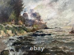Old painting of a sailing ship at sea, formed in Impressionism, signed 1905
