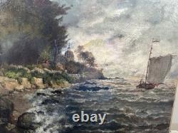 Old painting of a sailing ship at sea, formed in Impressionism, signed 1905