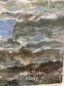 Old painting of a sailing ship at sea, formed in Impressionism, signed 1905