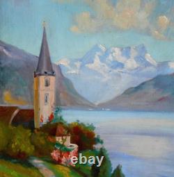 Old painting of an Oil Painting Church School of Barbizon Italian Alps Mountain