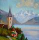 Old Painting Of An Oil Painting Church School Of Barbizon Italian Alps Mountain