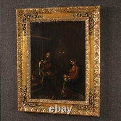 Old painting of the Holy Family, religious oil on panel, 17th century painting