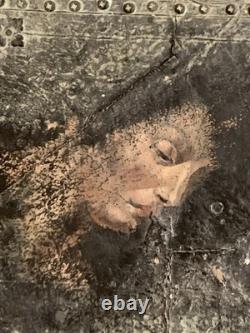 Old painting, oil and mixed media composition, sculpture, bolts, melancholic woman, signed