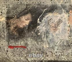 Old painting, oil and mixed media composition, sculpture, bolts, melancholic woman, signed