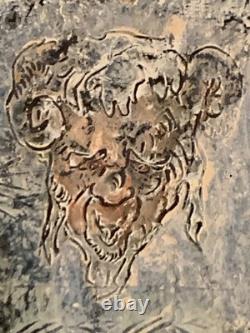 Old painting, oil and mixed media composition, sculpture, bolts, melancholic woman, signed