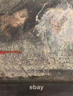 Old painting, oil and mixed media composition, sculpture, bolts, melancholic woman, signed