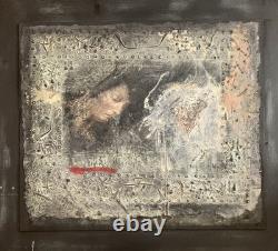 Old painting, oil and mixed media composition, sculpture, bolts, melancholic woman, signed