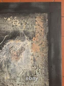 Old painting, oil and mixed media composition, sculpture, bolts, melancholic woman, signed