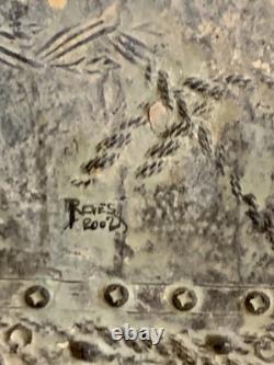 Old painting, oil and mixed media composition, sculpture, bolts, melancholic woman, signed