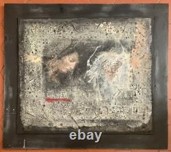 Old painting, oil and mixed media composition, sculpture, bolts, melancholic woman, signed