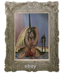 Old painting oil genre scene woman sitting couple embraced figurative signed