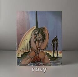 Old painting oil genre scene woman sitting couple embraced figurative signed