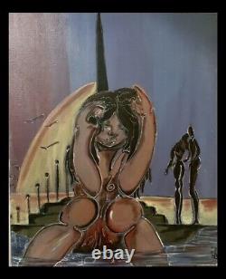Old painting oil genre scene woman sitting couple embraced figurative signed