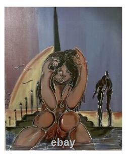 Old painting oil genre scene woman sitting couple embraced figurative signed