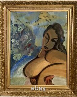 Old painting oil genre scene woman sitting couple embraced figurative signed