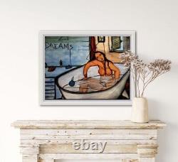 Old painting oil genre scene woman sitting couple embraced figurative signed