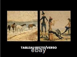 Old painting oil landscape horses Camargue genre scene circus people