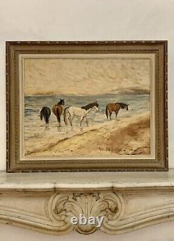 Old painting oil landscape horses Camargue genre scene circus people