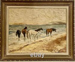 Old painting oil landscape horses Camargue genre scene circus people