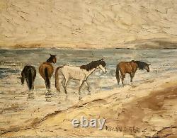 Old painting oil landscape horses Camargue genre scene circus people