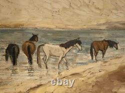 Old painting oil landscape horses Camargue genre scene circus people