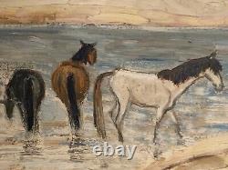 Old painting oil landscape horses Camargue genre scene circus people