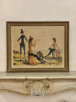 Old painting oil landscape horses Camargue genre scene circus people