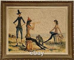 Old painting oil landscape horses Camargue genre scene circus people