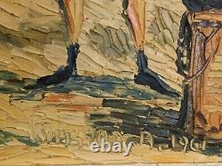 Old painting oil landscape horses Camargue genre scene circus people