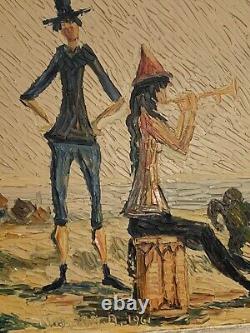 Old painting oil landscape horses Camargue genre scene circus people
