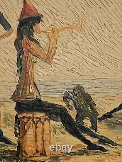 Old painting oil landscape horses Camargue genre scene circus people