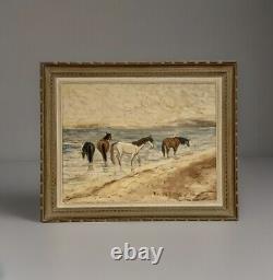 Old painting oil landscape horses Camargue lively scene Circky André Poirson