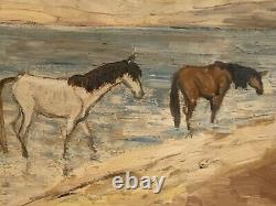Old painting oil landscape horses Camargue lively scene Circky André Poirson