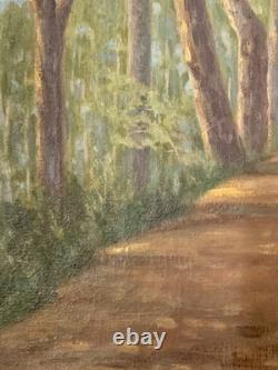 Old painting oil landscape path seaside pine forest signed V. Manago
