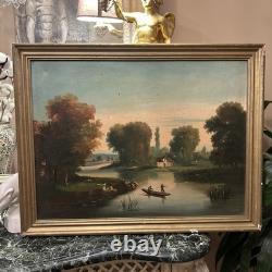 Old painting, oil on canvas, 19th century, fishing scene, gilded wooden frame