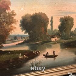 Old painting, oil on canvas, 19th century, fishing scene, gilded wooden frame