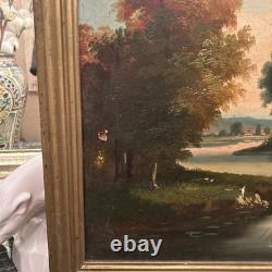 Old painting, oil on canvas, 19th century, fishing scene, gilded wooden frame