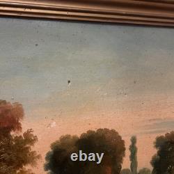 Old painting, oil on canvas, 19th century, fishing scene, gilded wooden frame