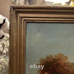 Old painting, oil on canvas, 19th century, fishing scene, gilded wooden frame