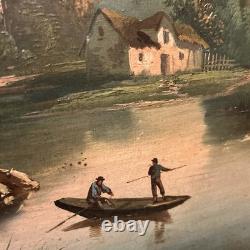 Old painting, oil on canvas, 19th century, fishing scene, gilded wooden frame
